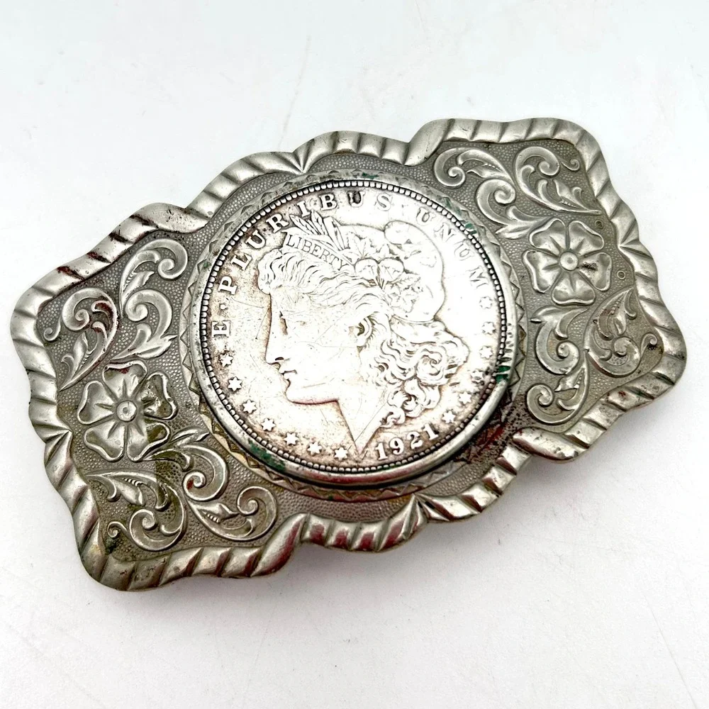 Antique 1921 Morgan Silver Dollar Belt Buckle Western Floral Engraved Scroll
